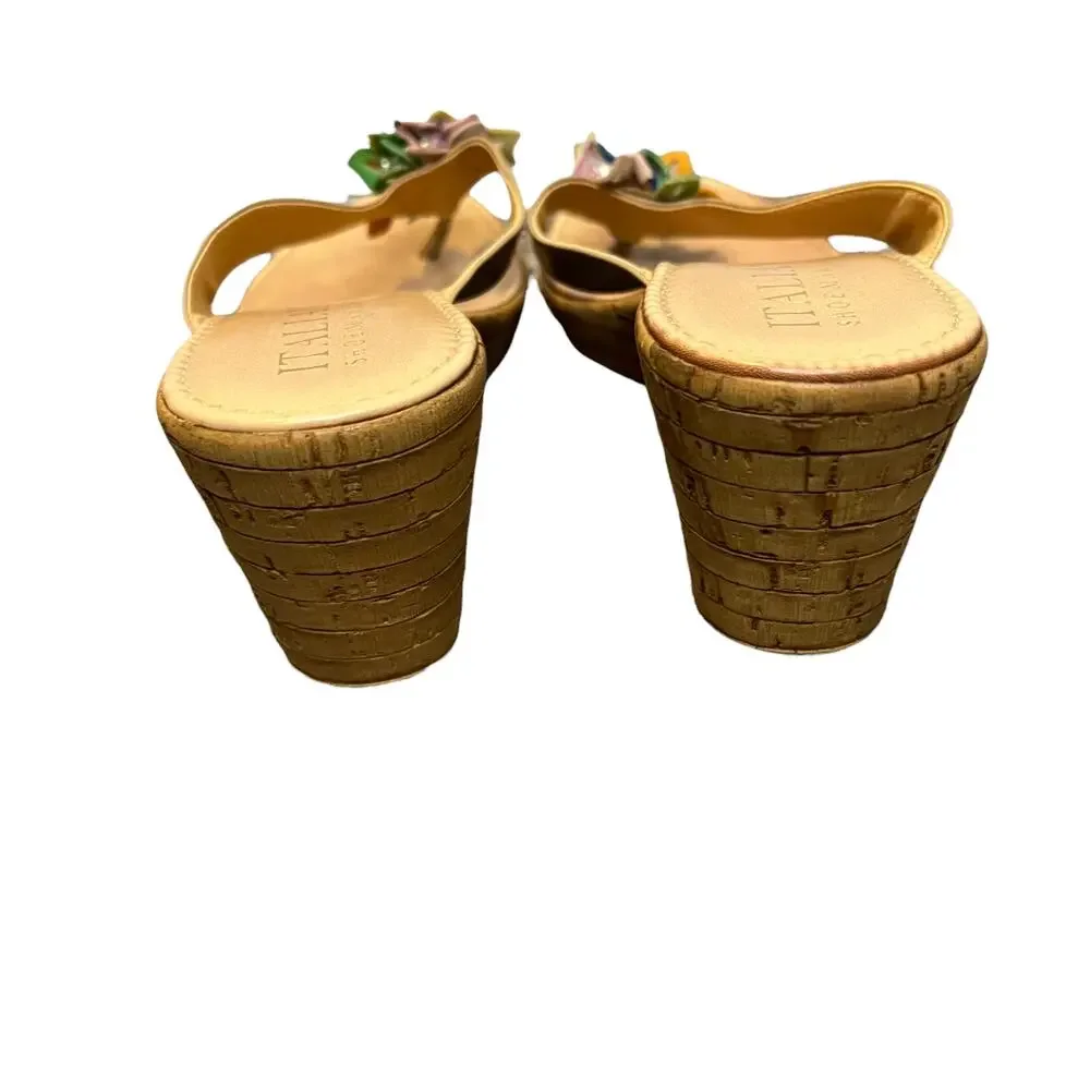 Italian Shoemakers Wedge Sandals 6 Beige Thong Cork Floral Casual Boho Beach